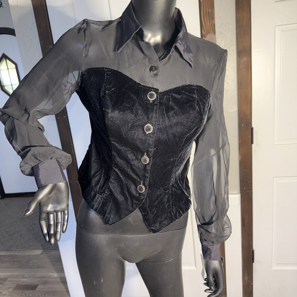 Cintage By Choice Blk Velvet Corset Blouse Sheer Bishop Sleeve WhimsyGoth S Vamp